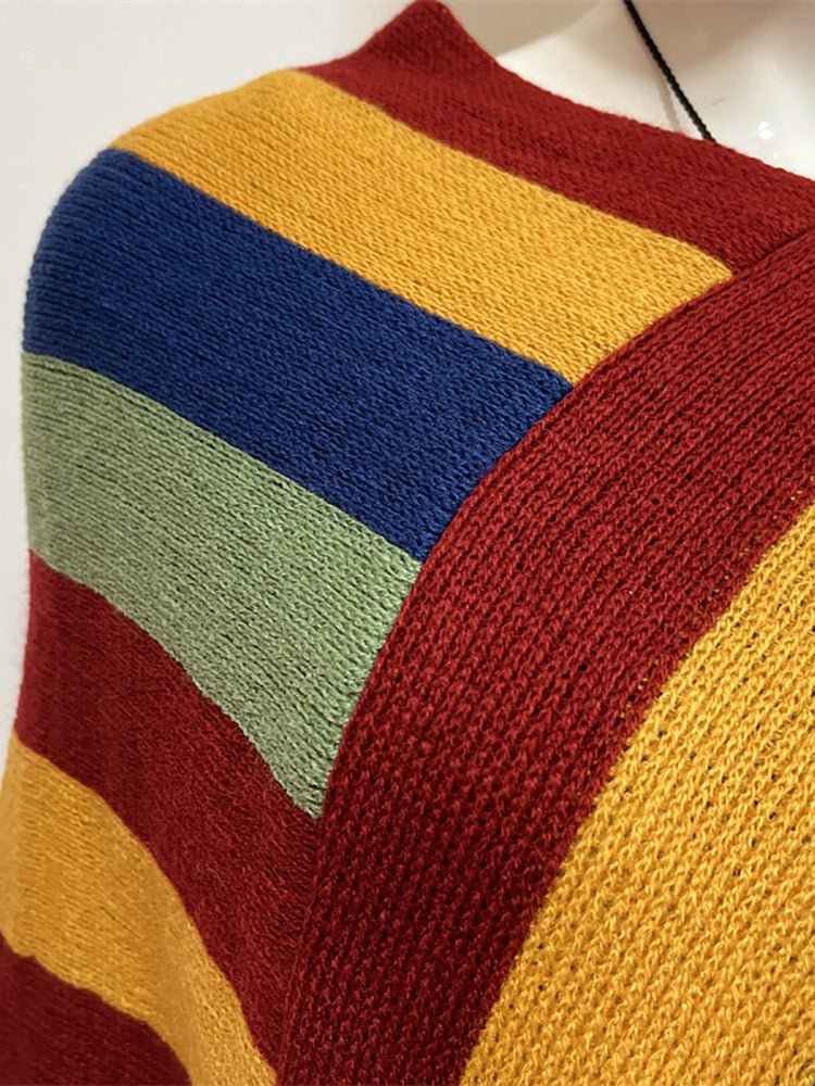 Knitted Striped Tassel Poncho 4