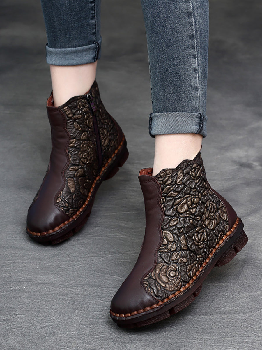 Retro Flower Leather Spliced Zipper Low Heel Boots