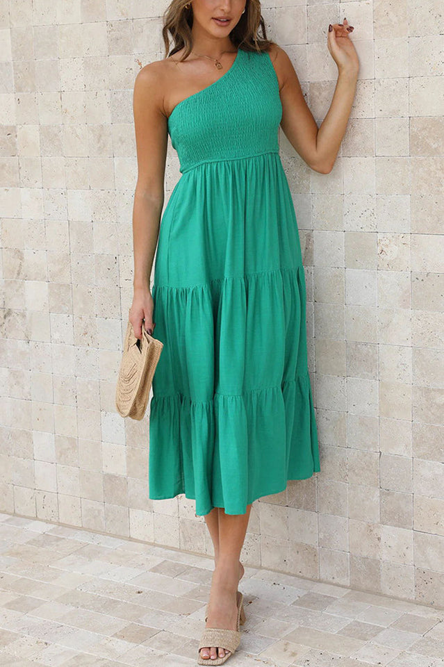 One Shoulder Shirred Tiered Midi Dress 4
