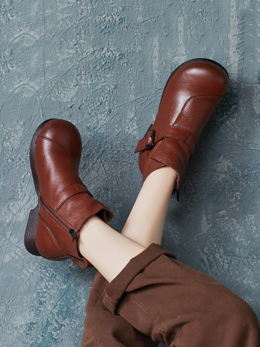 Vintage Autumn Soft Leather Buckle Low Heel Boots