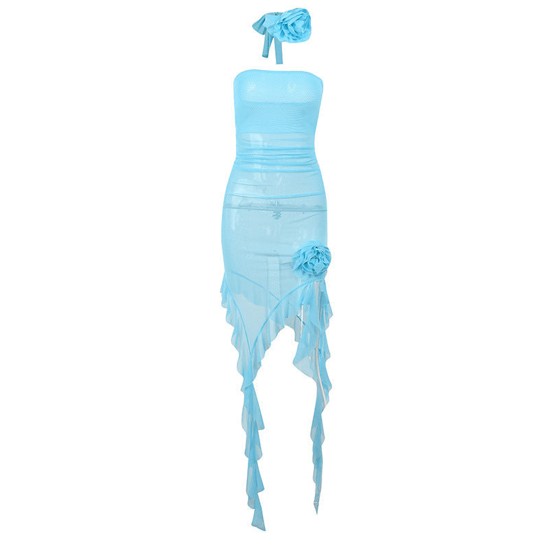 Mesh Halter Neck Floral Applique Ruffle High Low Midi Dress - View 3