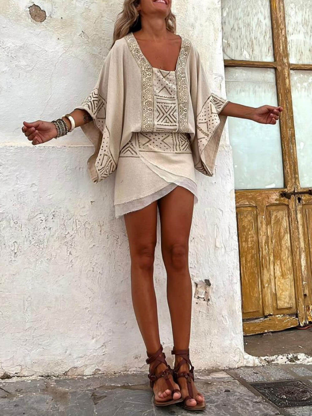 Ethnic Print Wrap Tie Layered Mini Skirt - Fashionpara