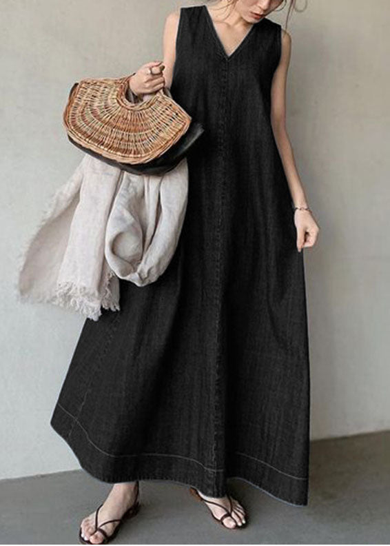 Denim Sleeveless Deep V-Neck A-Line Maxi Dress