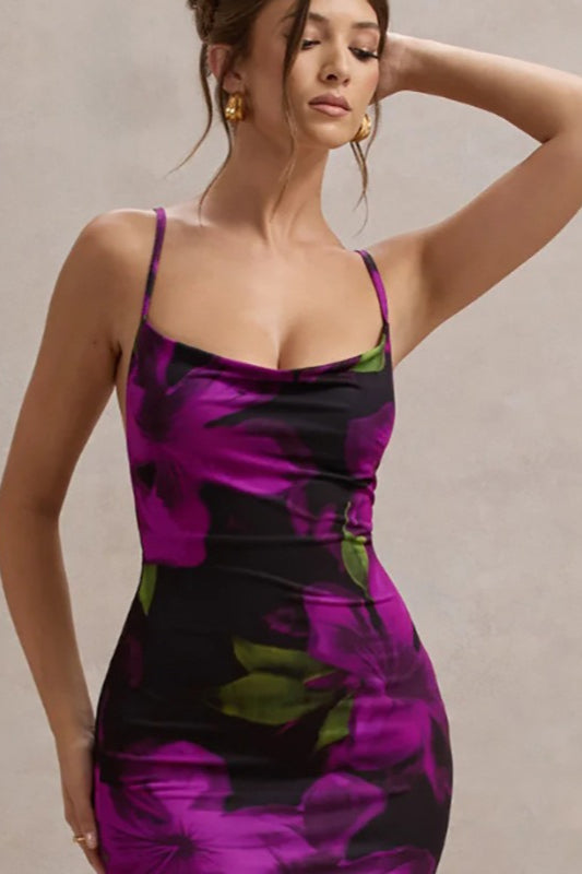 Floral Print Cowl-Neck Spaghetti Strap Bodycon Maxi Dress