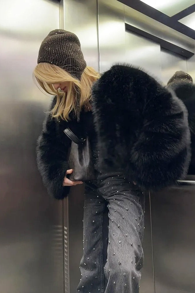 Textured Faux Fur Wide Sleeve Coat - Fashionpara