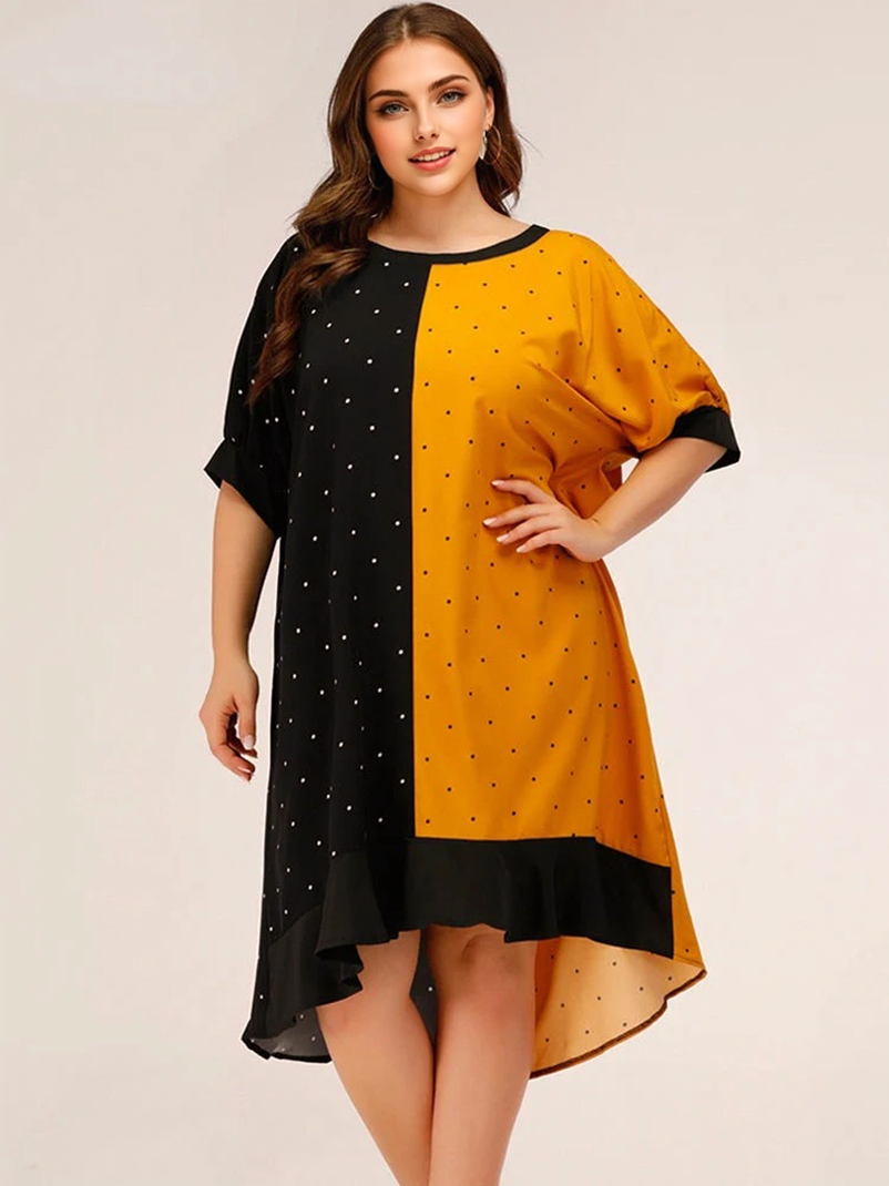 Contrast Color Round Neck Dot Ruffle Hem Dresses 9