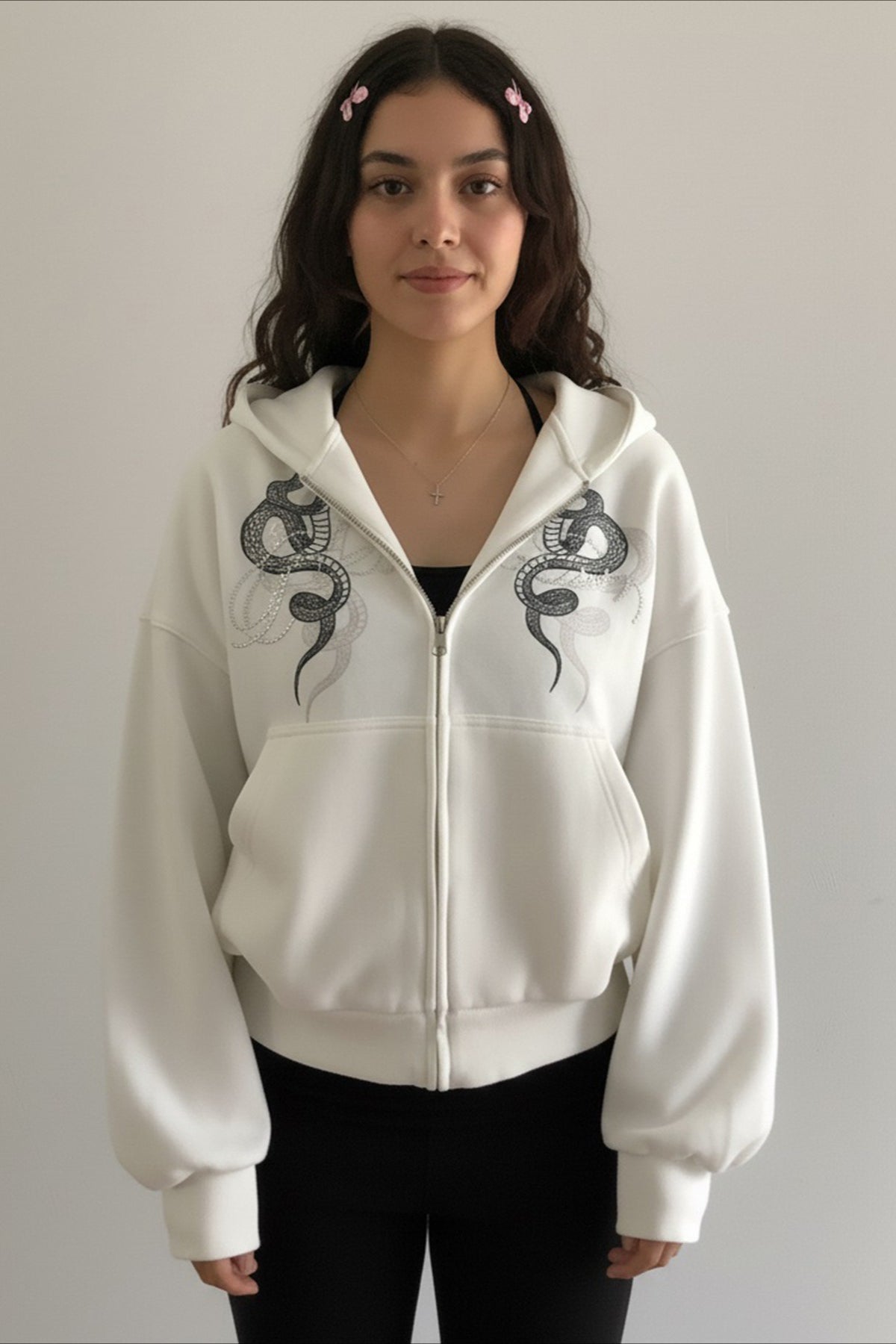 Snake Embroidery Oversized White Zip Hoodie