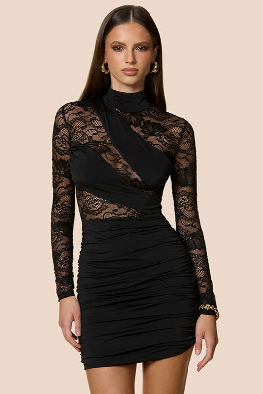 Lace Long Sleeve High Neck Cut Out Mini Dress