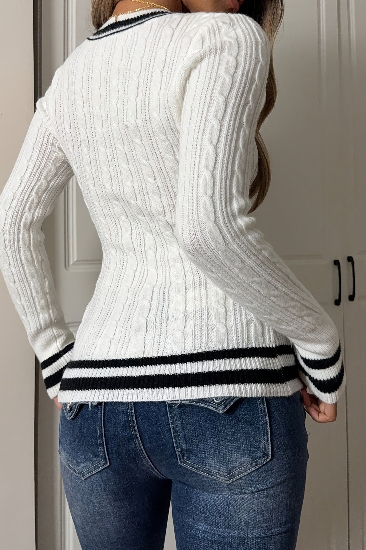 V Neck Striped Long Sleeve Slim Fit Knit Pullover Sweater 4