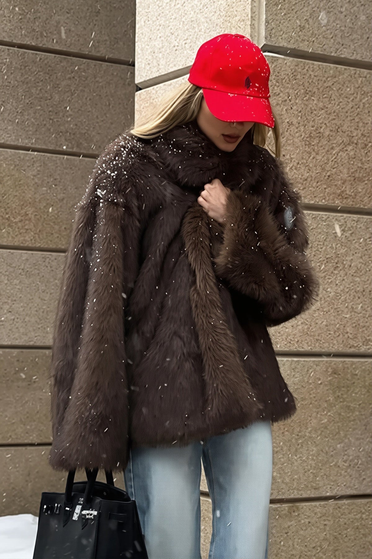 Wide Collar Mid Length Faux Fur Coat