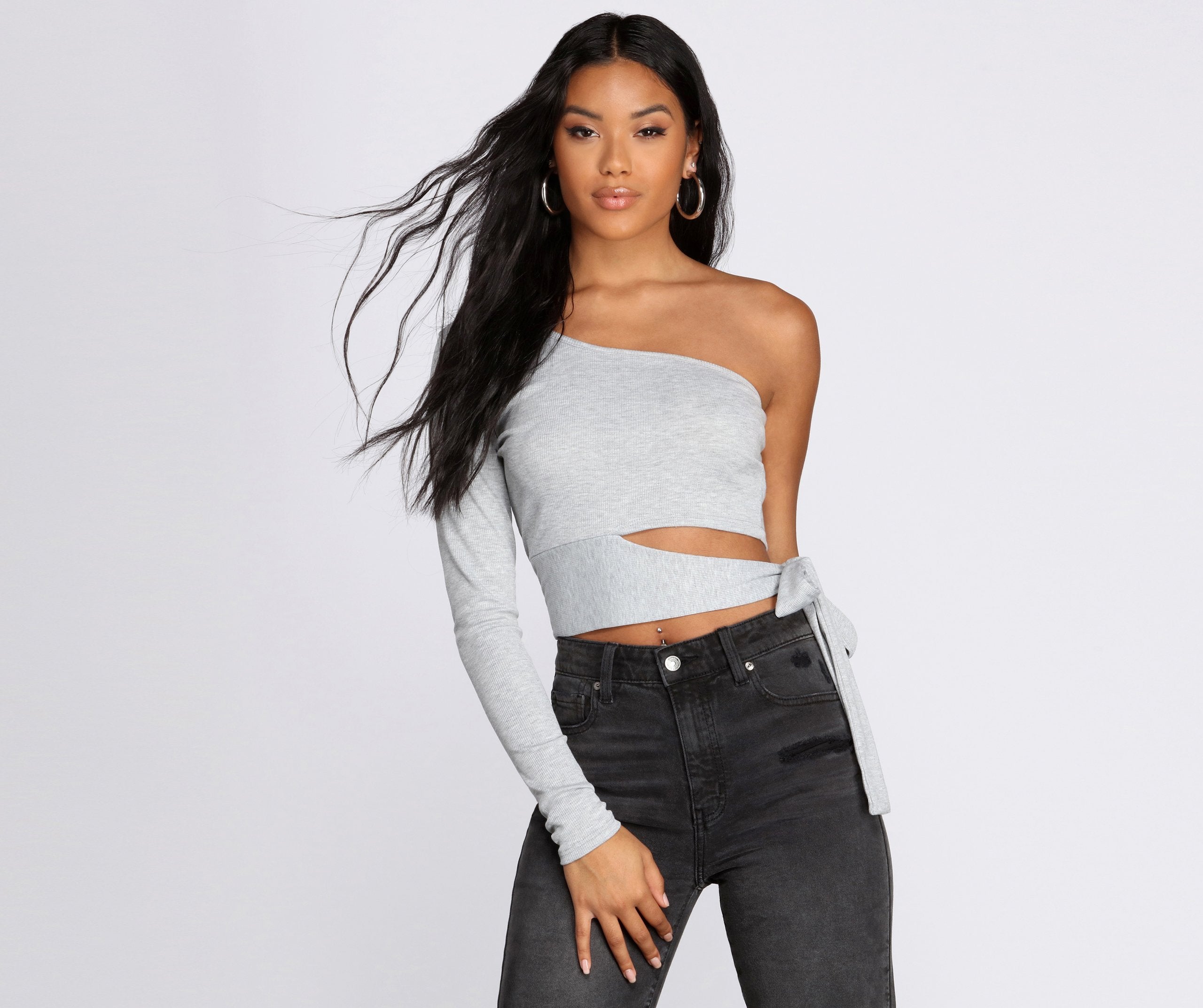 Single Sleeve Ribbed Crop Top - Fashionpara