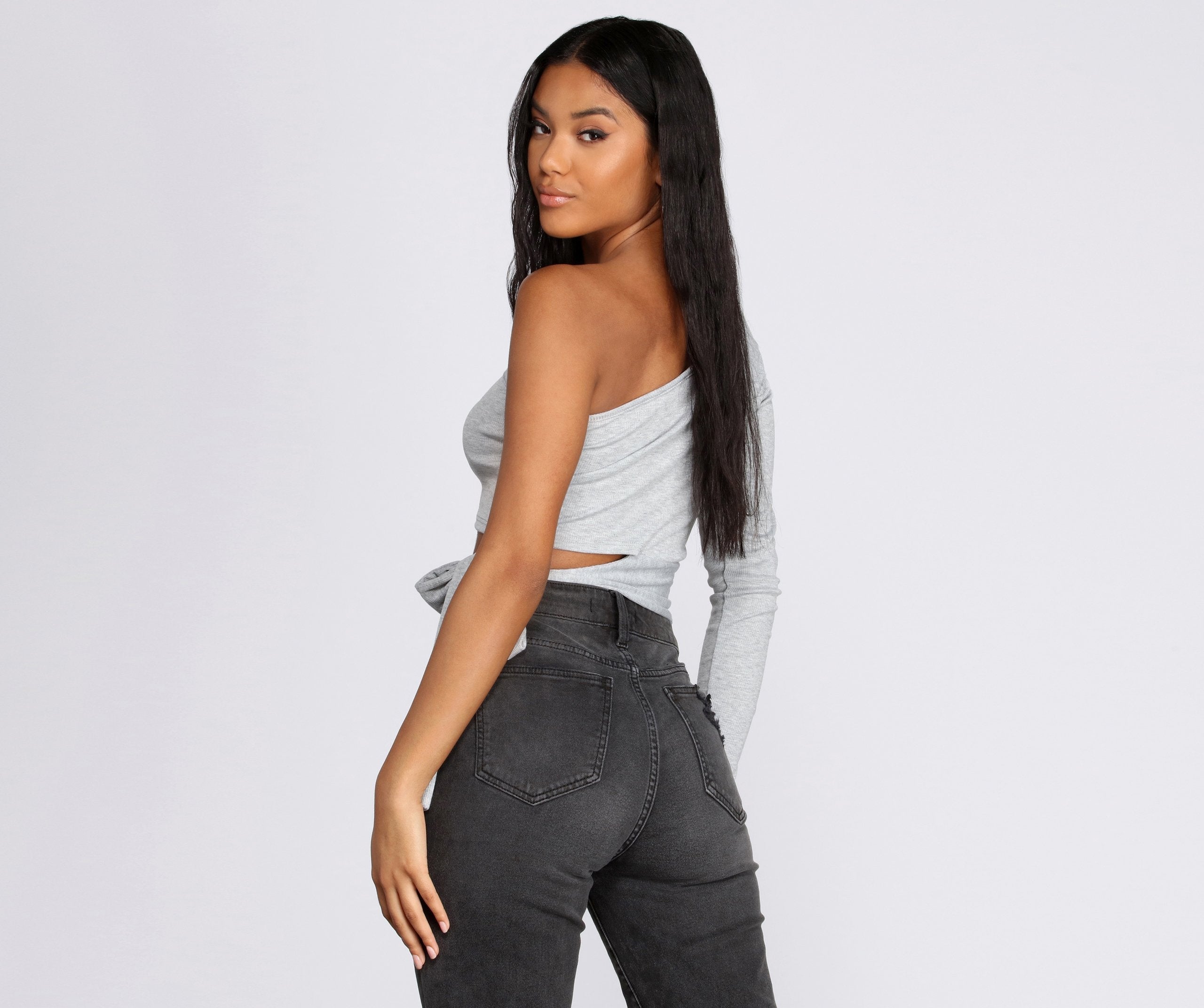 Single Sleeve Ribbed Crop Top - Fashionpara