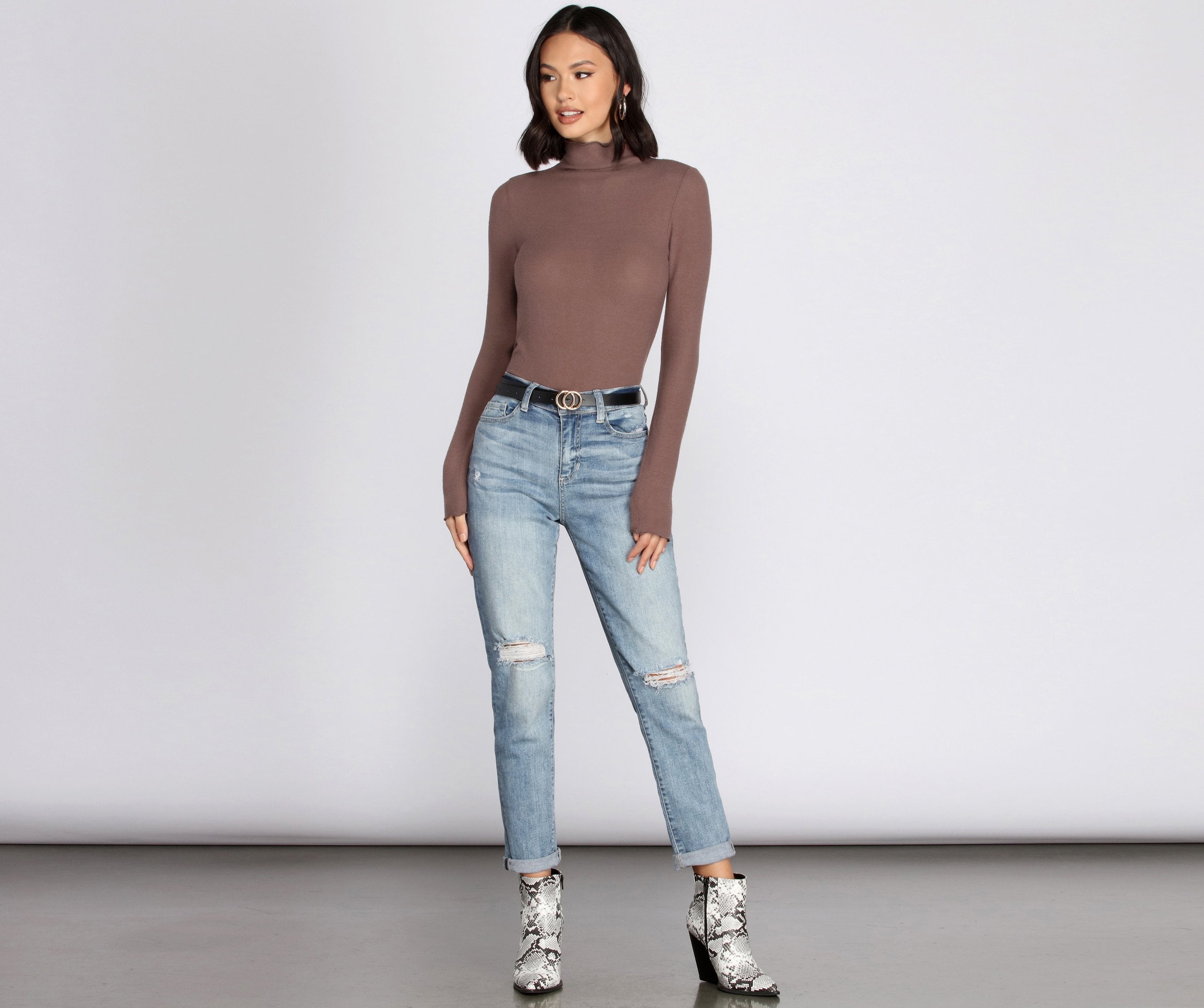 Brushed Knit Mock Neck Top - Fashionpara
