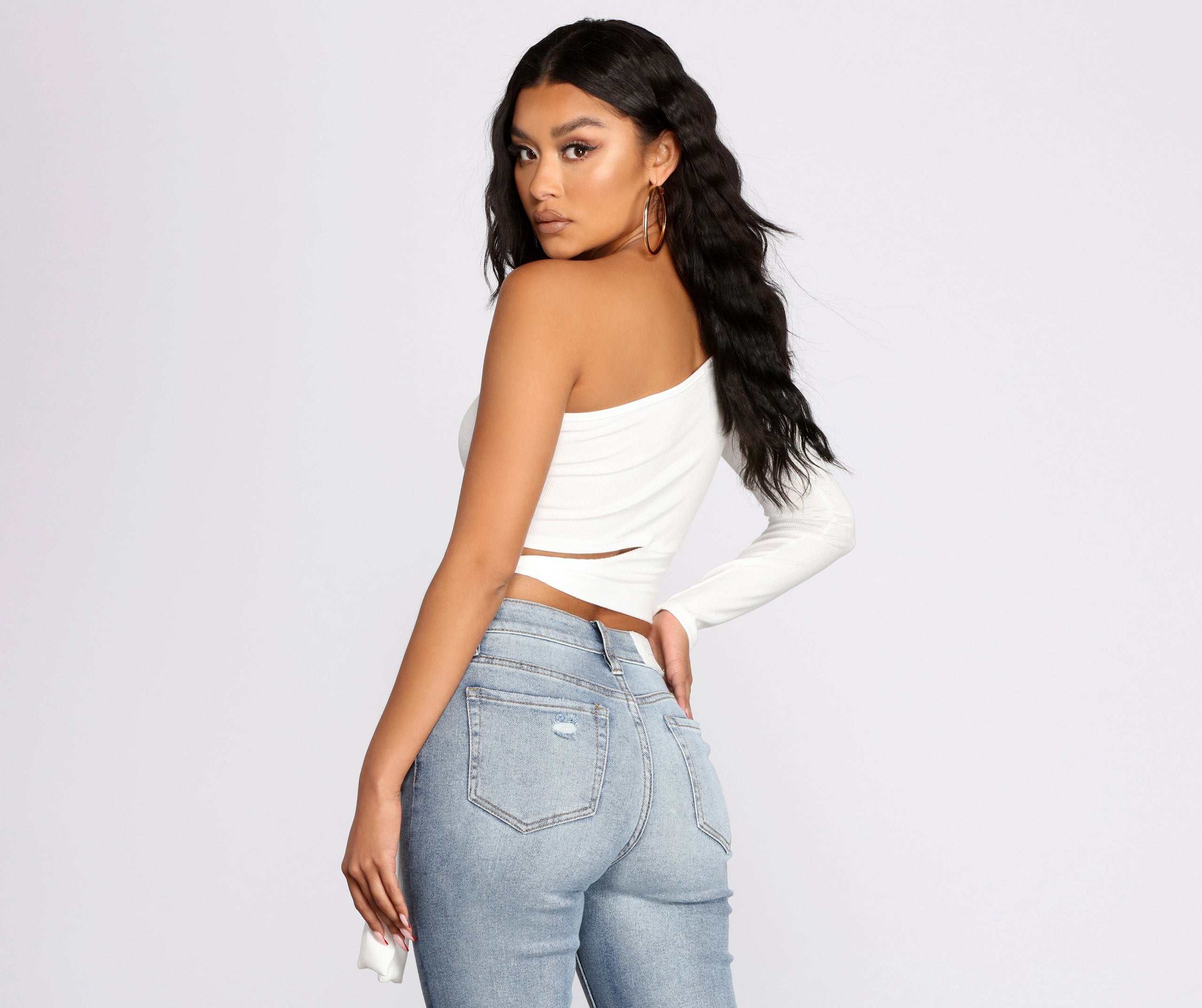 Single Sleeve Ribbed Crop Top Fashionpara