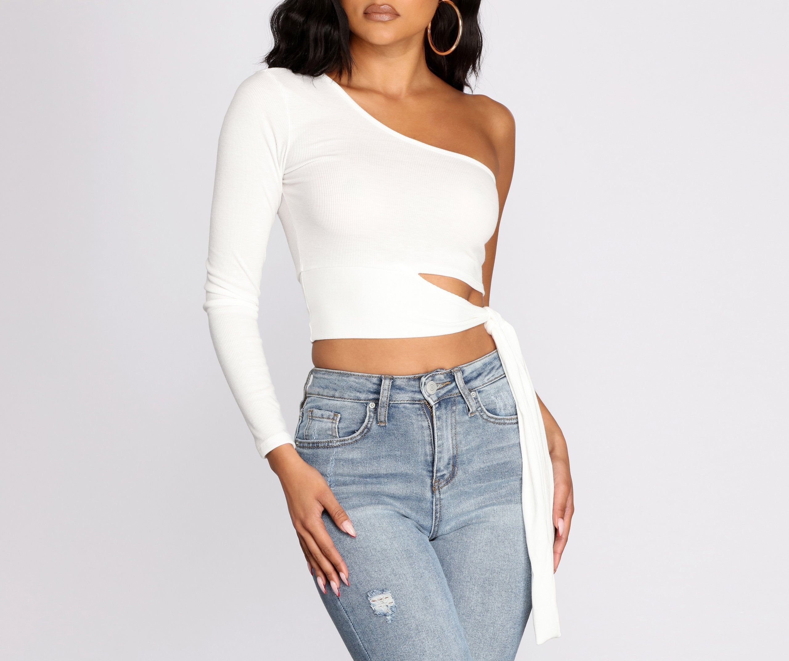 Single Sleeve Ribbed Crop Top - Fashionpara