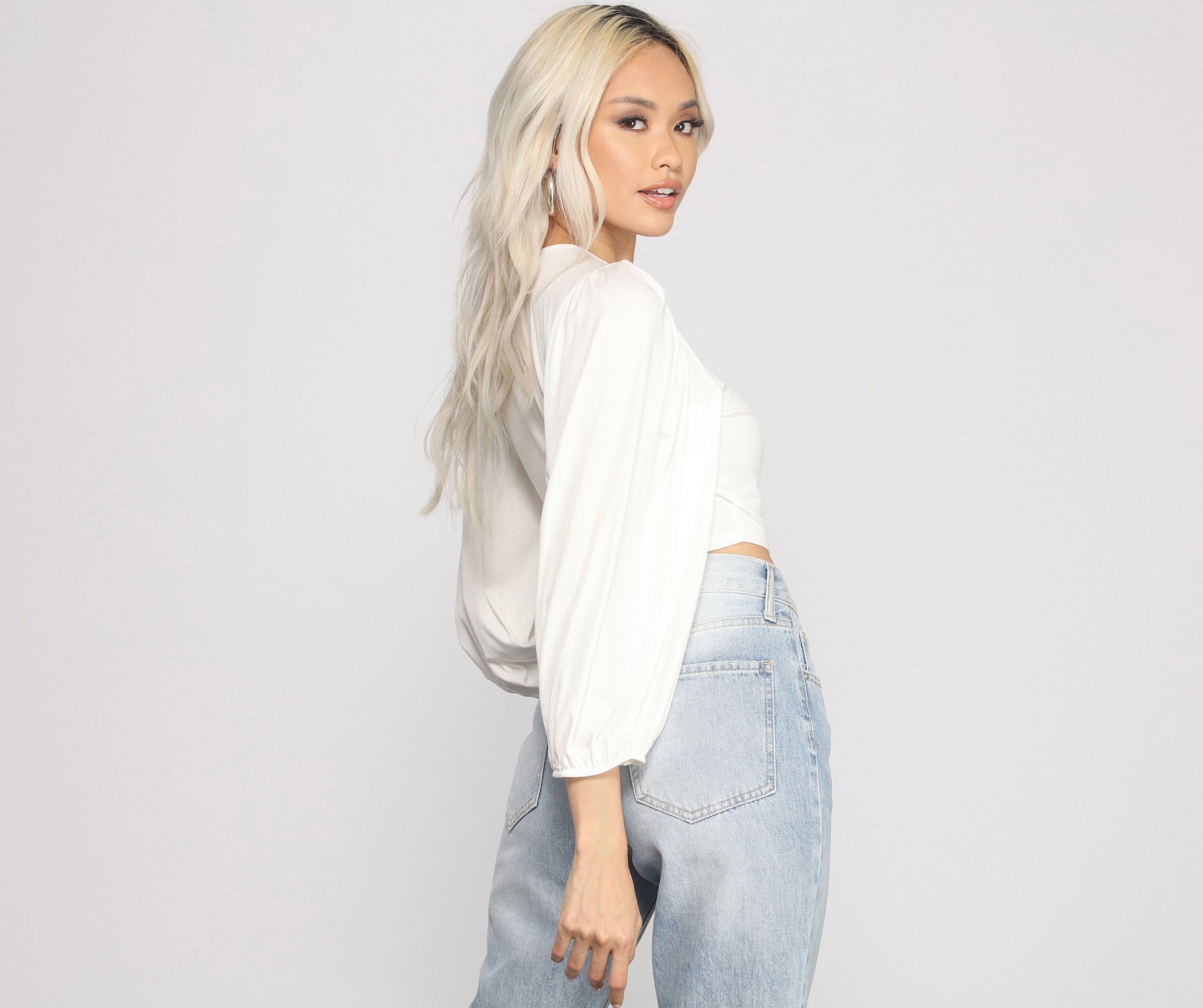 Chic Wrap Around Bishop Sleeve Crop Top - Fashionpara