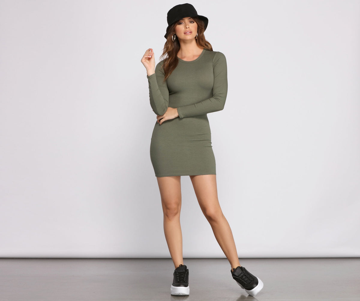 Ribbed Crew Neck Long Sleeve Bodycon Mini Dress