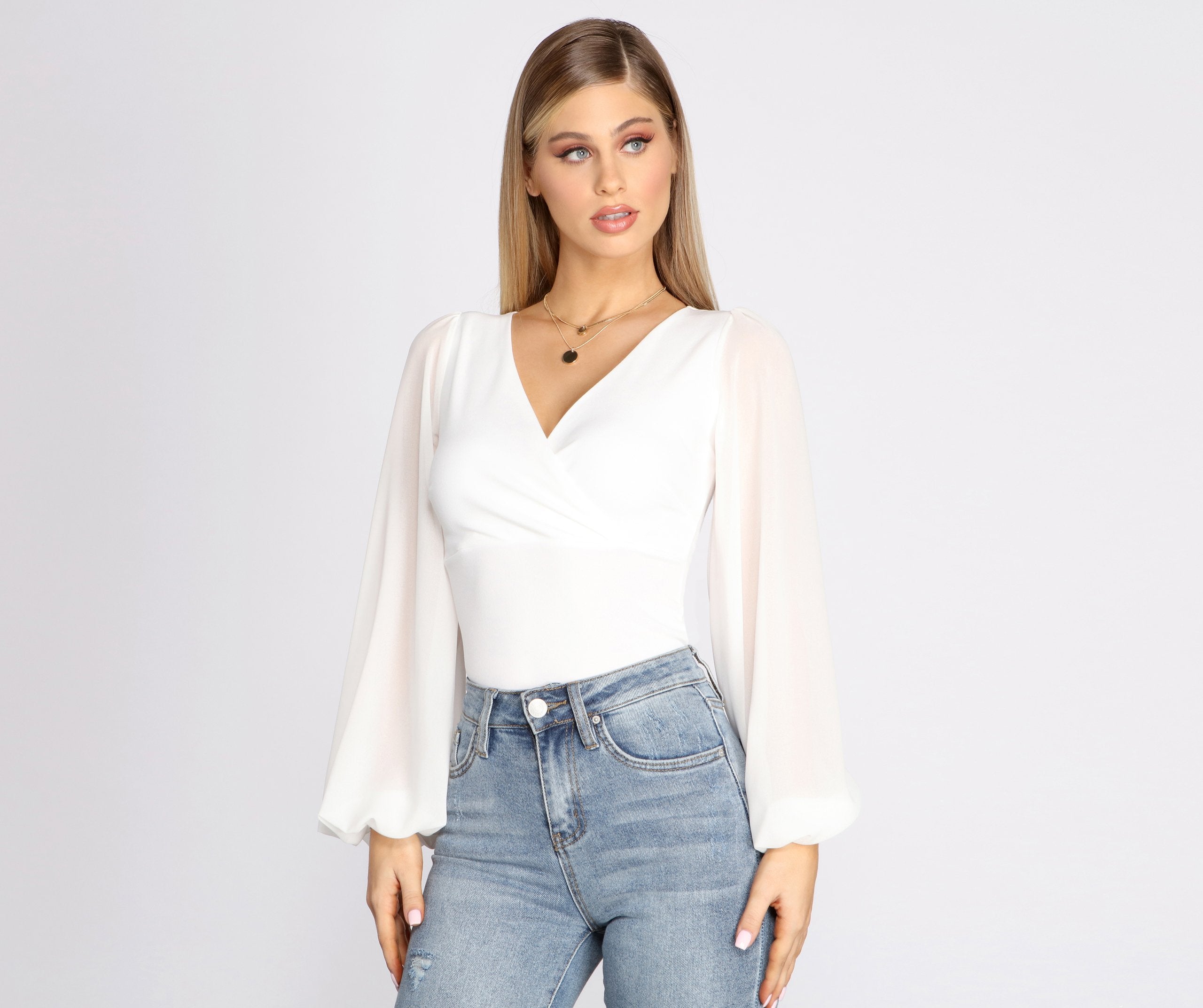 Classic Chiffon Sleeve Wrap Front Blouse - Fashionpara