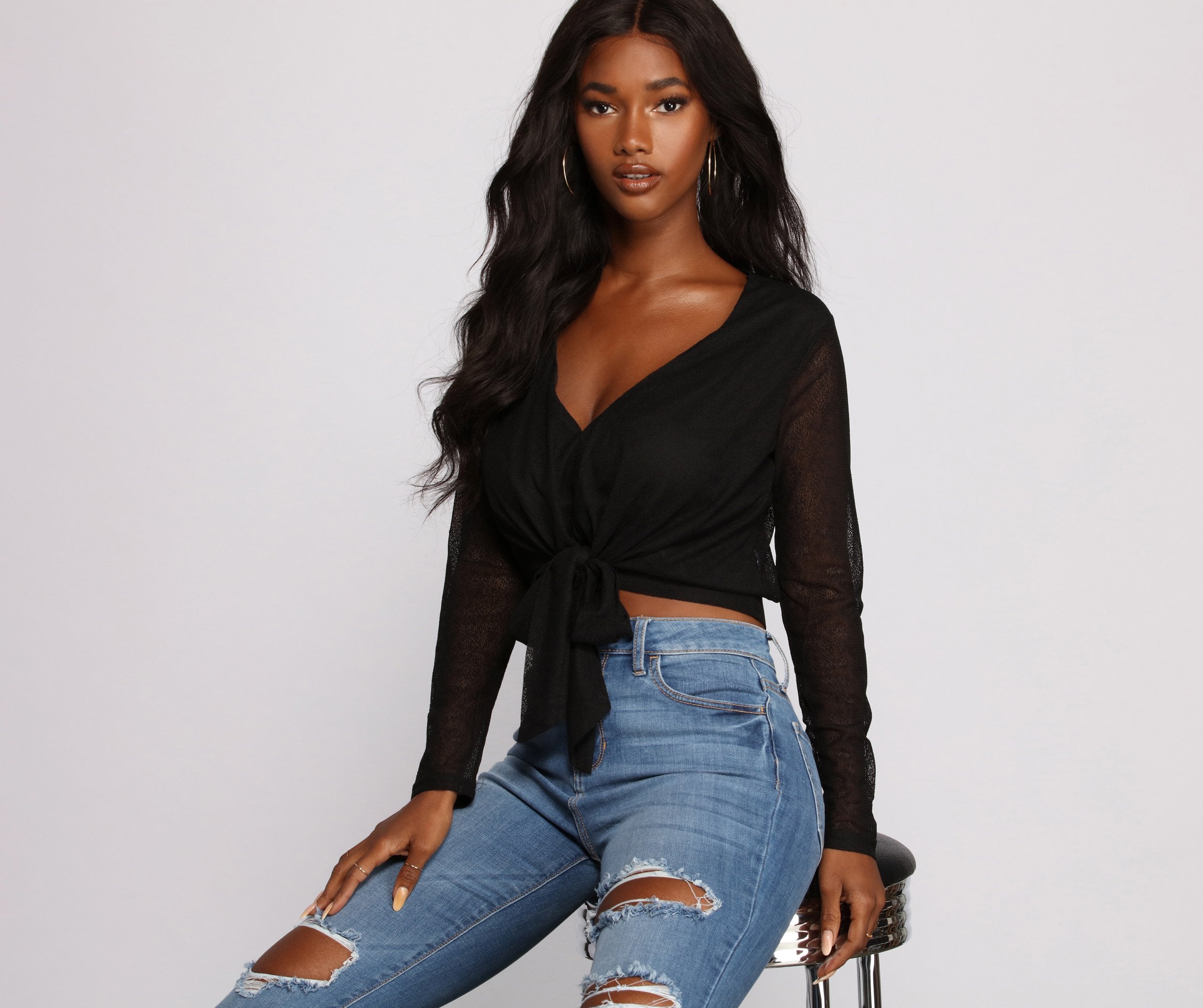 Sheer Glam Tie Front Top - Fashionpara