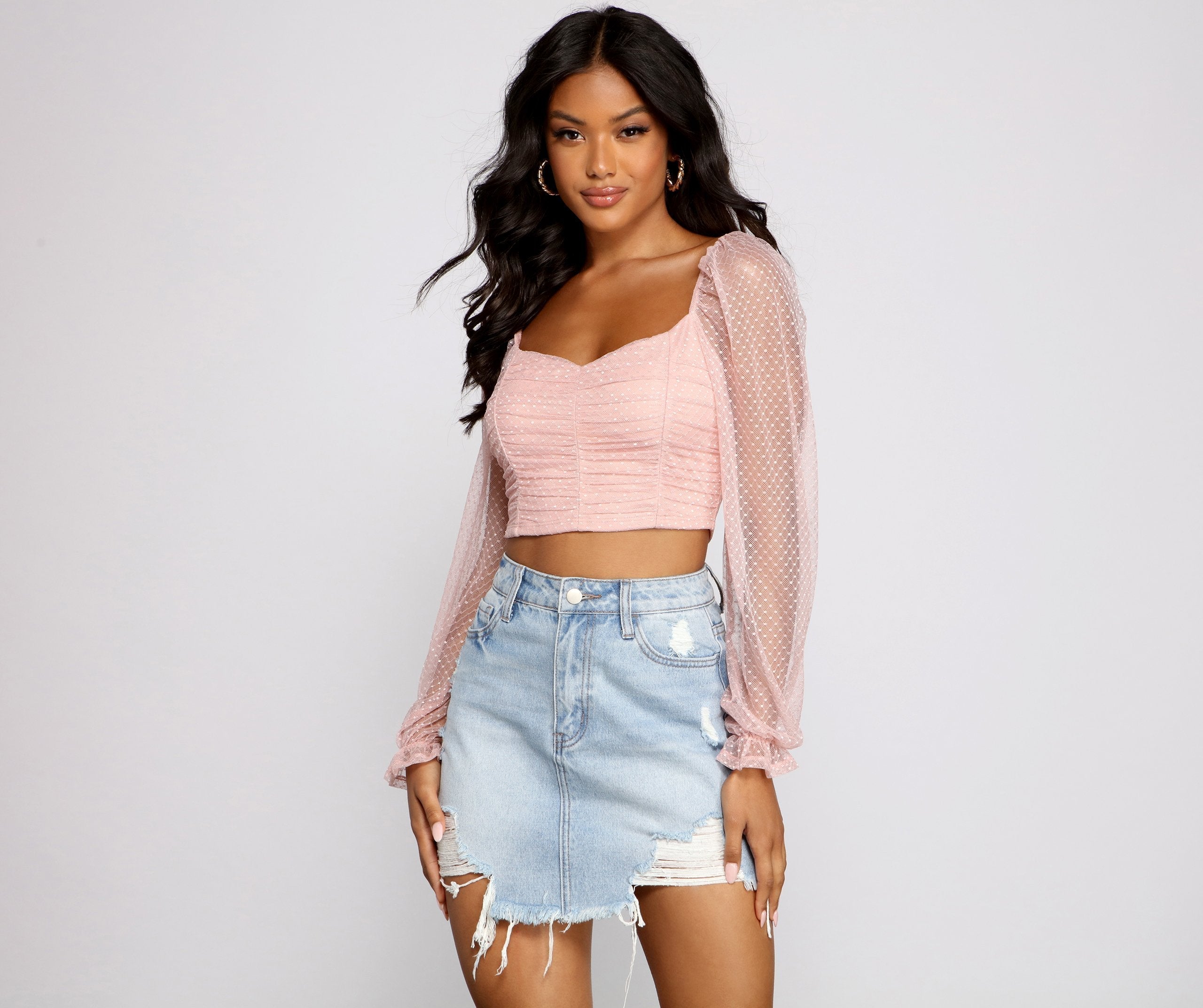 Simple And Sweet Mesh Polka Dot Crop Top - Fashionpara