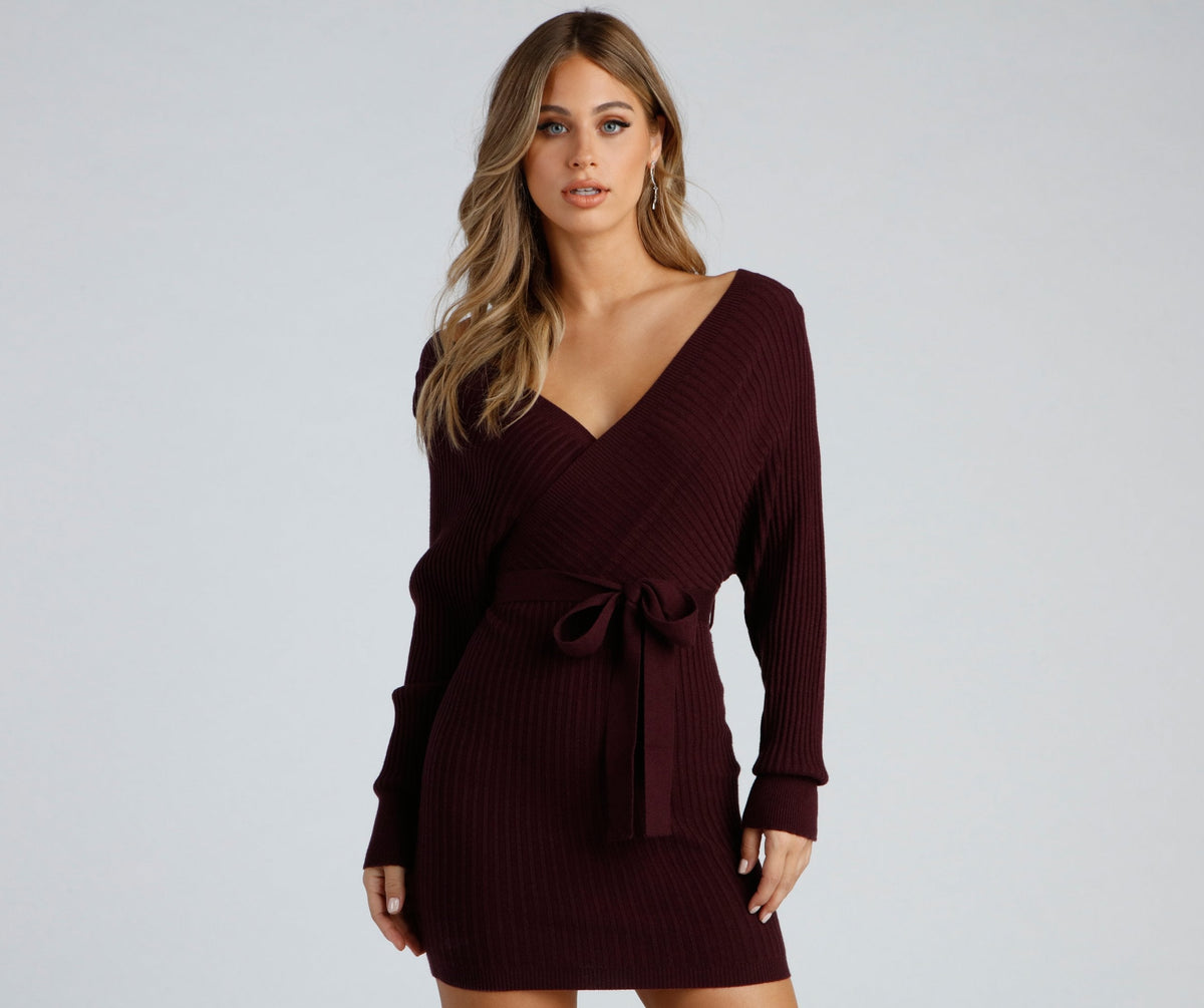 Knit Off Shoulder Wrap Tie Waist Sweater Mini Dress 13