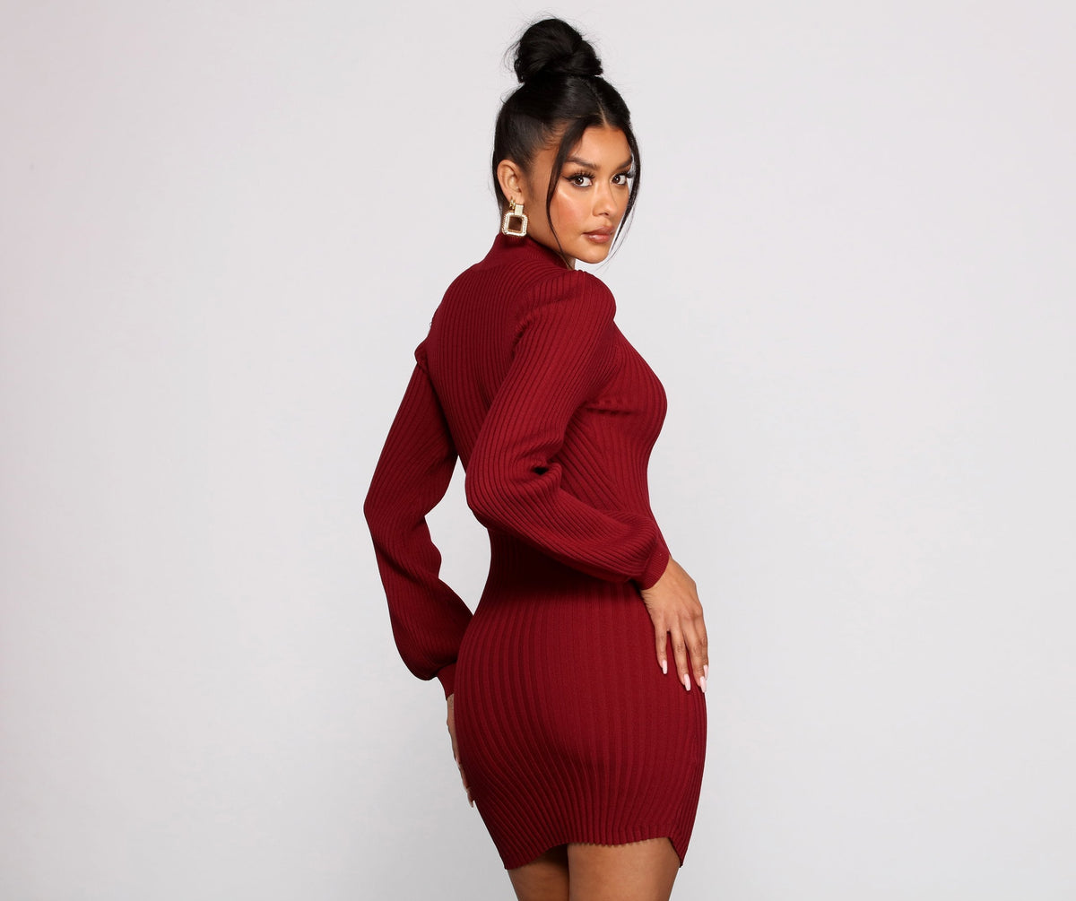 Ribbed Knit High Neck Long Sleeve Bodycon Mini Dress 6