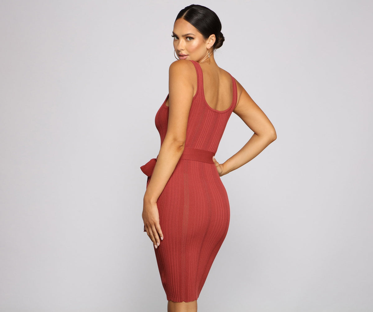 Ribbed Knit Scoop Neck Tie-Waist Bodycon Midi Dress 2