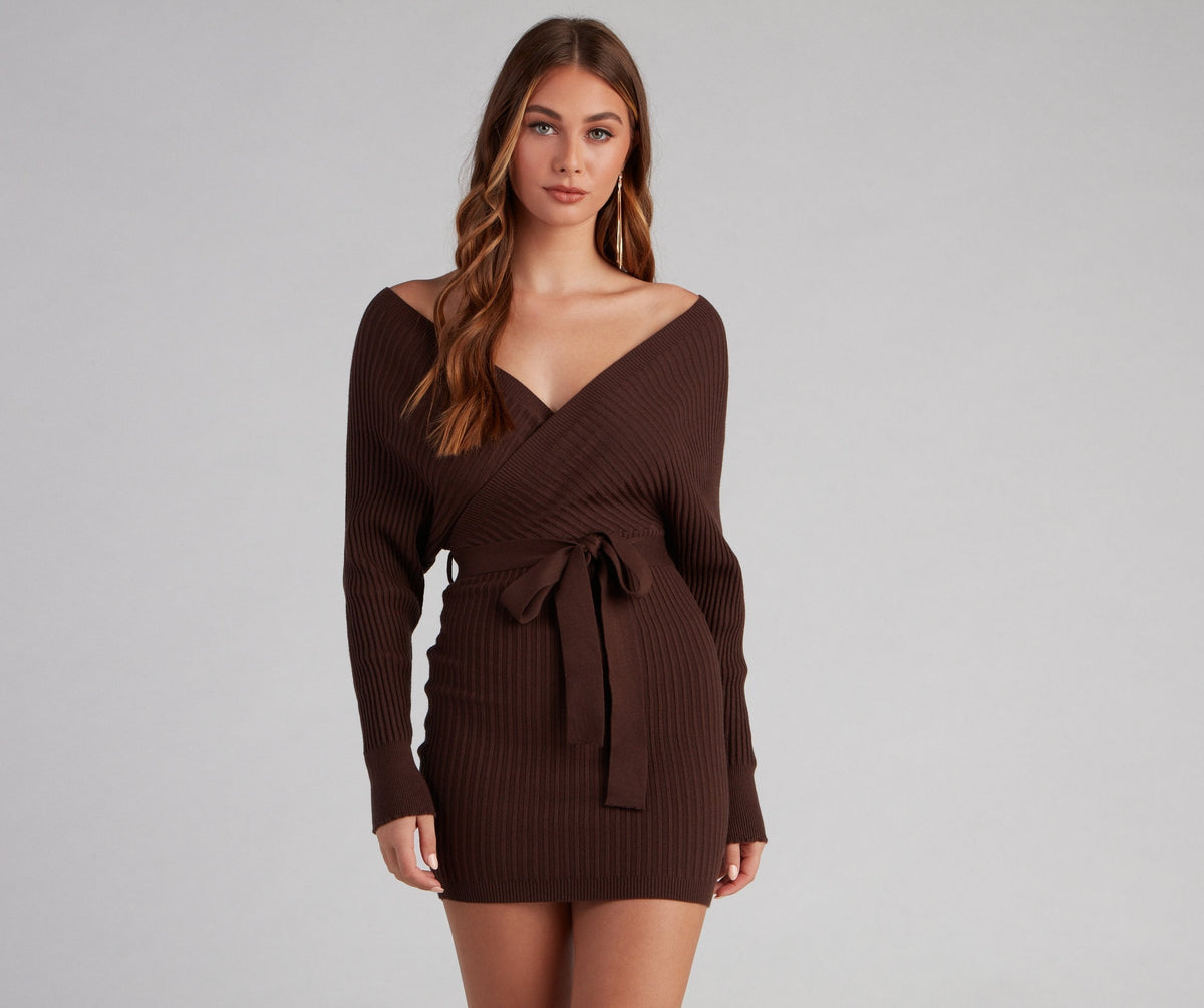 Knit Off Shoulder Wrap Tie Waist Sweater Mini Dress