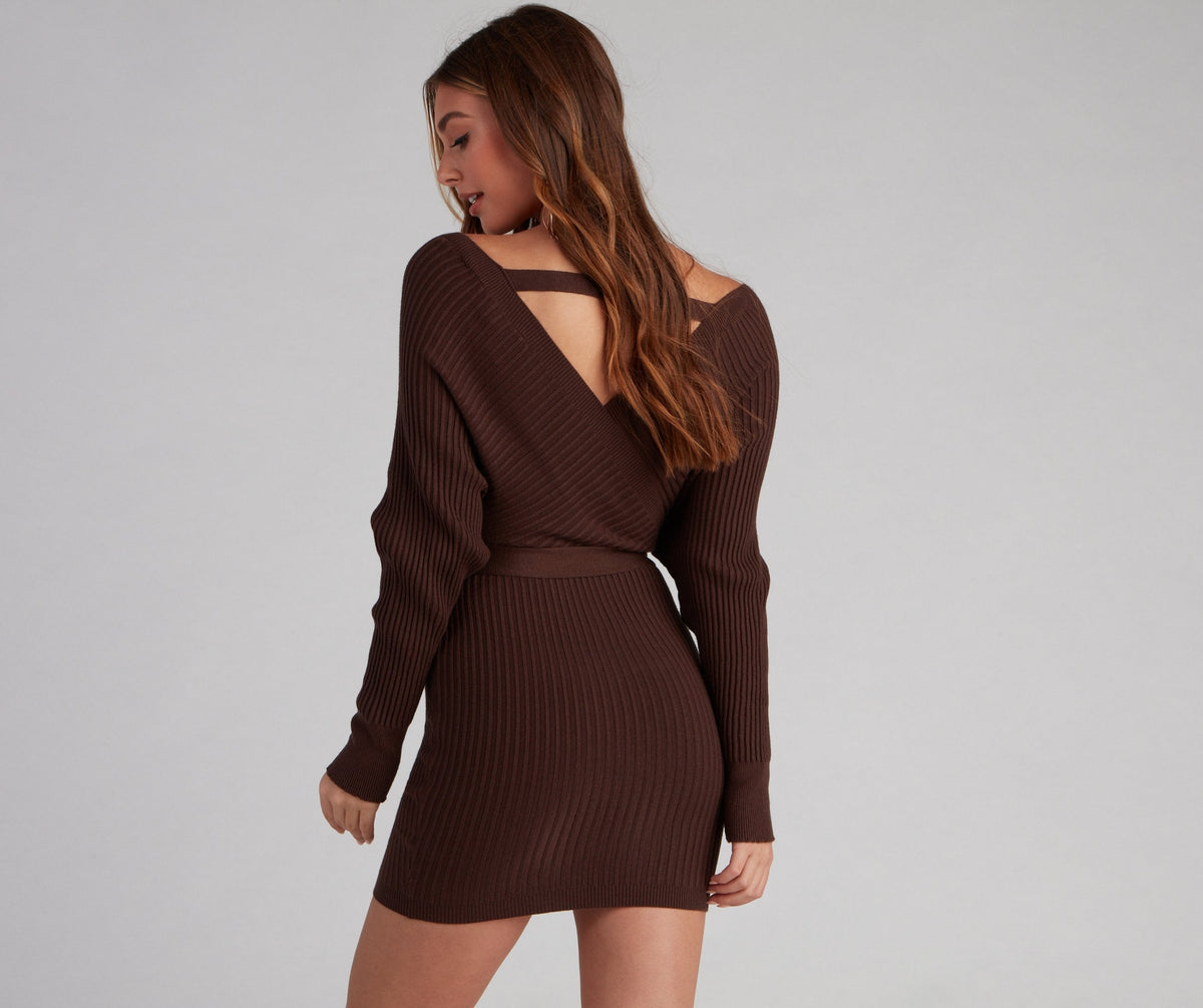 Knit Off Shoulder Wrap Tie Waist Sweater Mini Dress 3