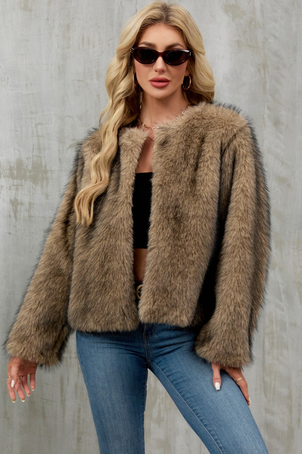 Cropped Faux Fur Zip Coat - Fashionpara