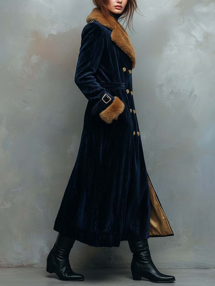 Navy Blue Vintage Eleganc Velvet Long Coat With Faux Fur Collar