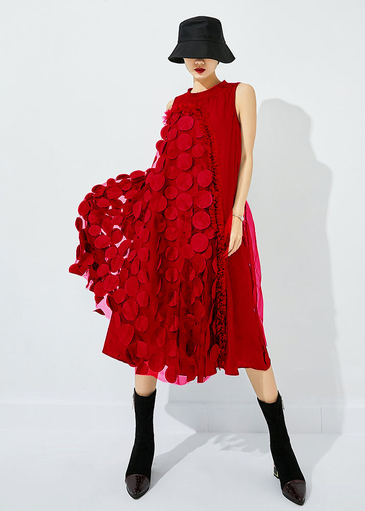 3D Circle Appliqué Asymmetric Drape High Neck Mesh Midi Dress - View 9