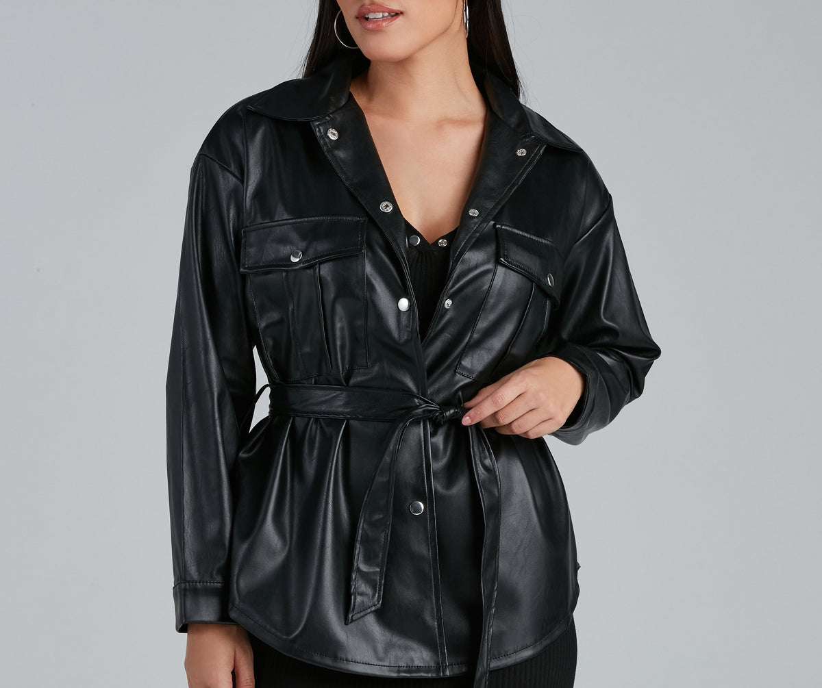 Sleek Trends Faux Leather Tie-Waist Shirt Jacket 3