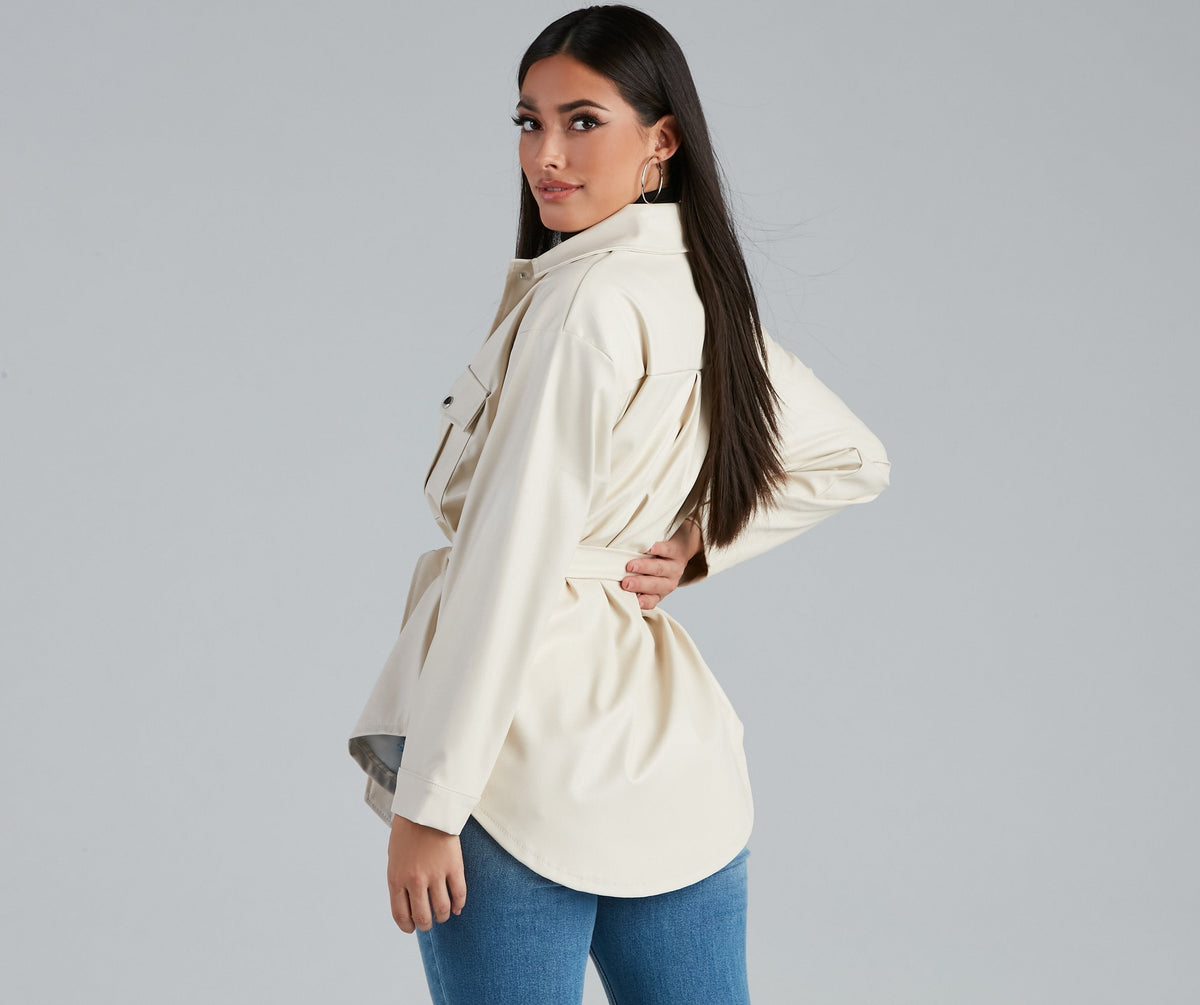 Sleek Trends Faux Leather Tie-Waist Shirt Jacket 7