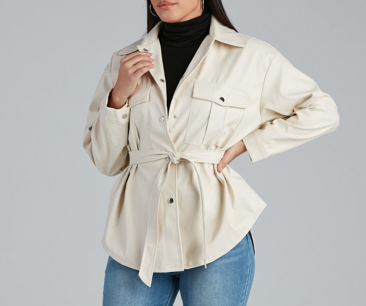 Sleek Trends Faux Leather Tie-Waist Shirt Jacket 8