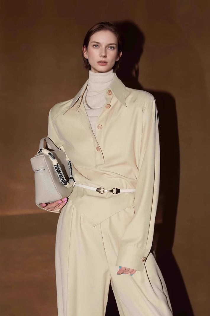 Petite Contrast Elastic Waist Shirt Wide Leg Pants