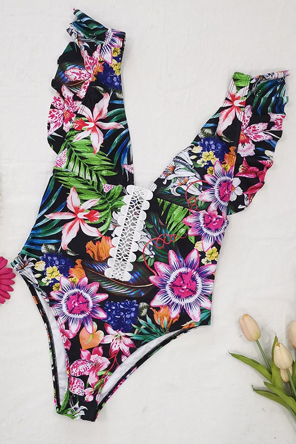 Printed Stitching Lace Open Back One-piece Swimsuit - Fashionpara