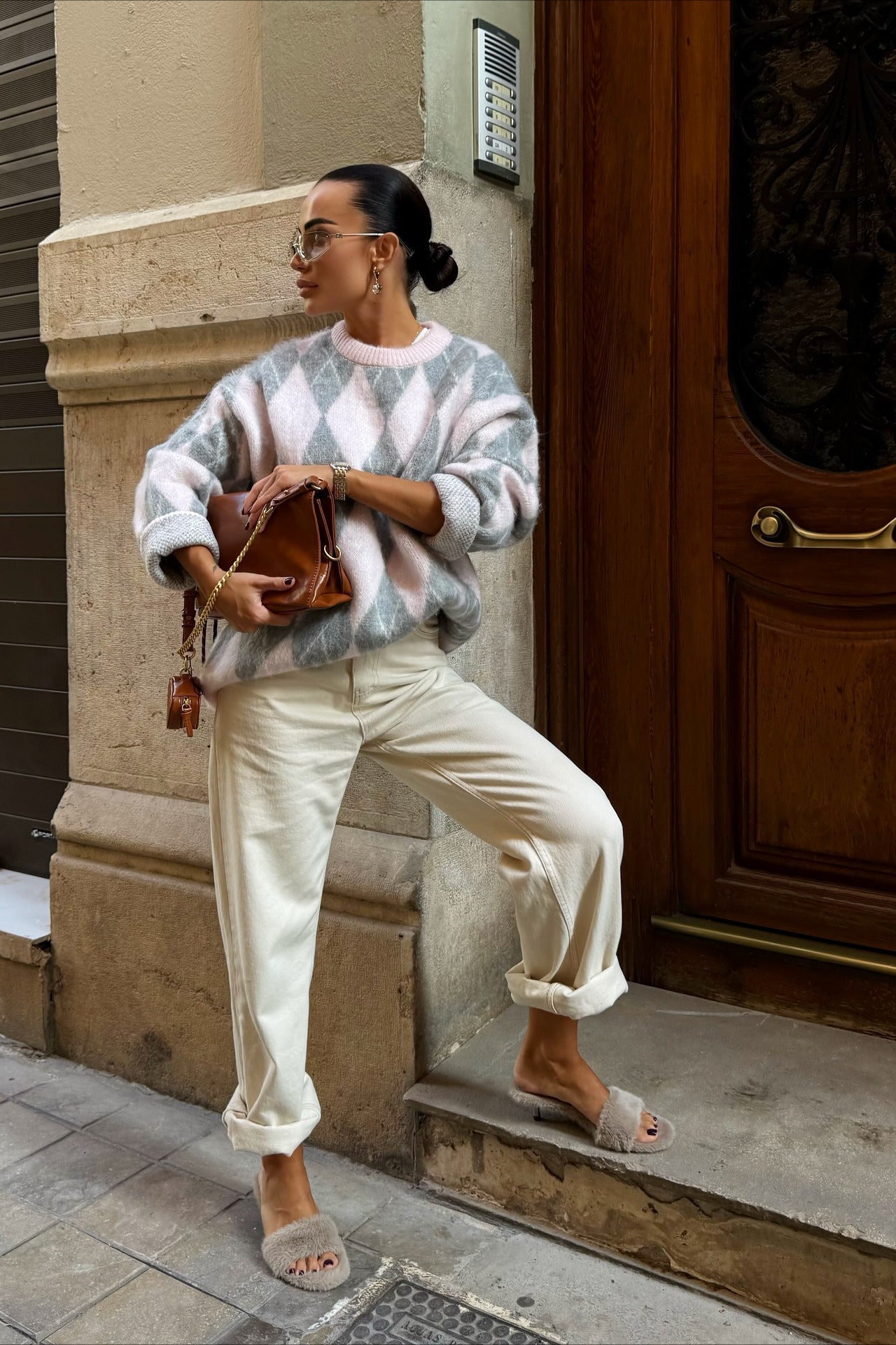 PrincessAce Luxury Argyle Knit Crewneck Street Sweater