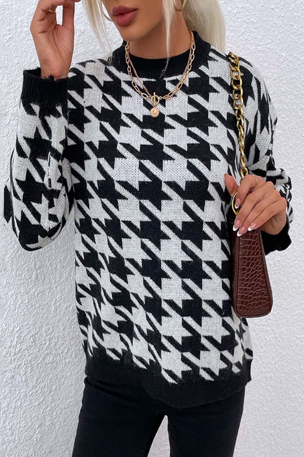 RadyRin Houndstooth Round Neck Sweater for Timeless Style