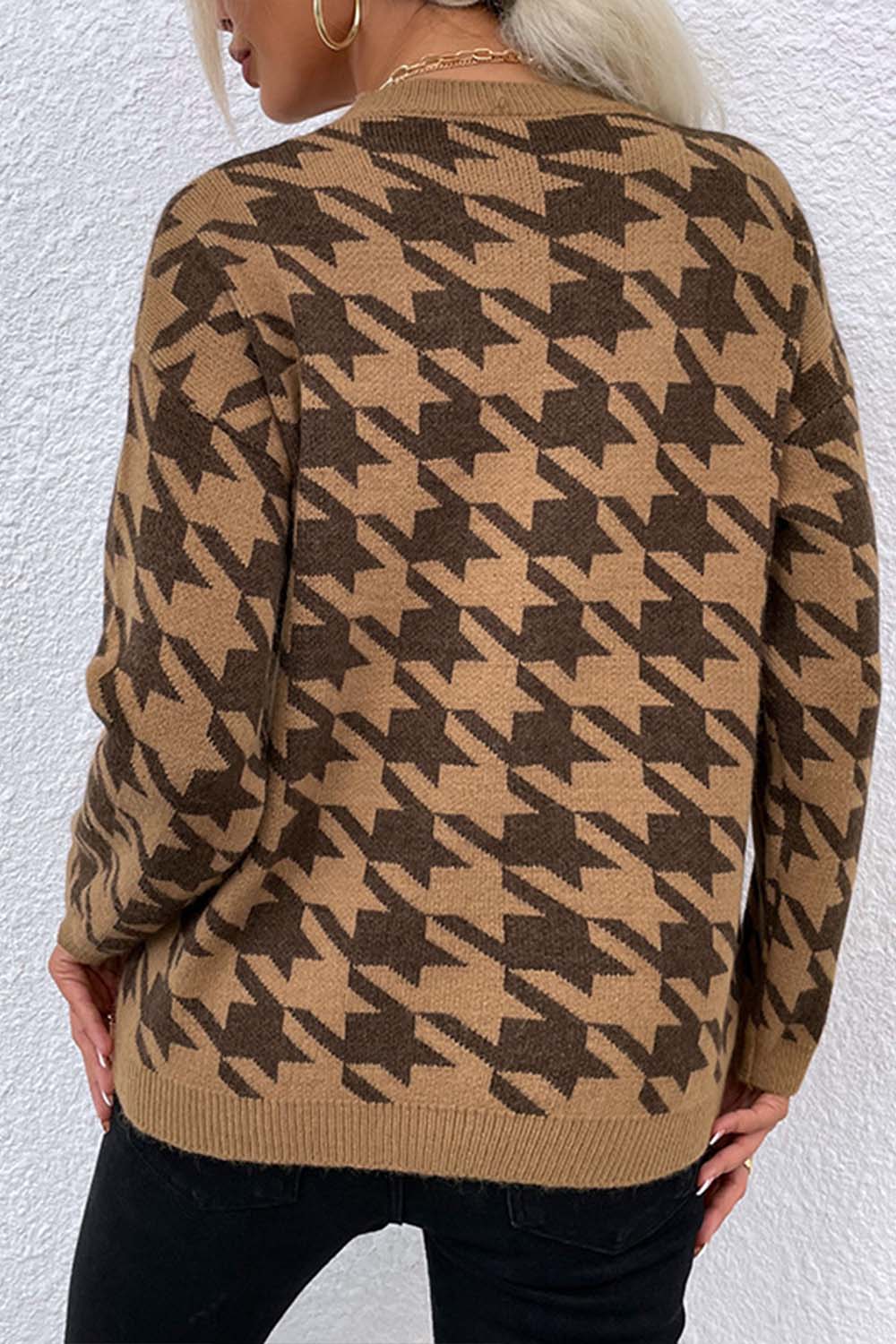 RadyRin Houndstooth Round Neck Sweater for Timeless Style