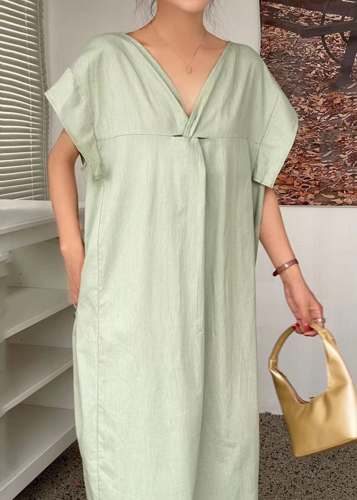 Linen Texture V-Neck Twist Front Cap Sleeve Pocket Midi Dress