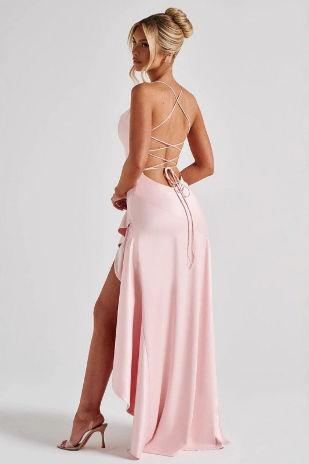Satin Cowl Neck Lace Up Back Ruffle Maxi Dress 4