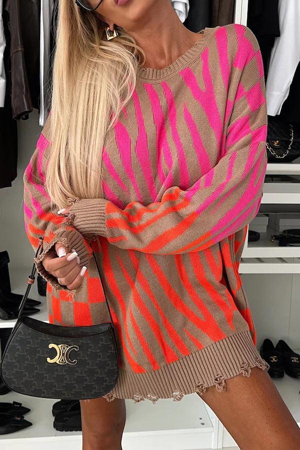 Chic Zebra Knit Sweater with Frayed Hem by Lady Rin