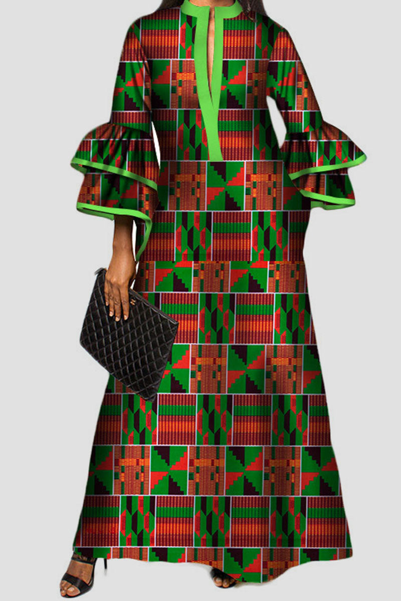 Vintage Print Patchwork V Neck A Line Dresses Fashionpara