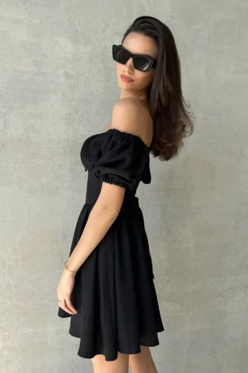 Off Shoulder Puff Sleeve Fit & Flare Mini Dress