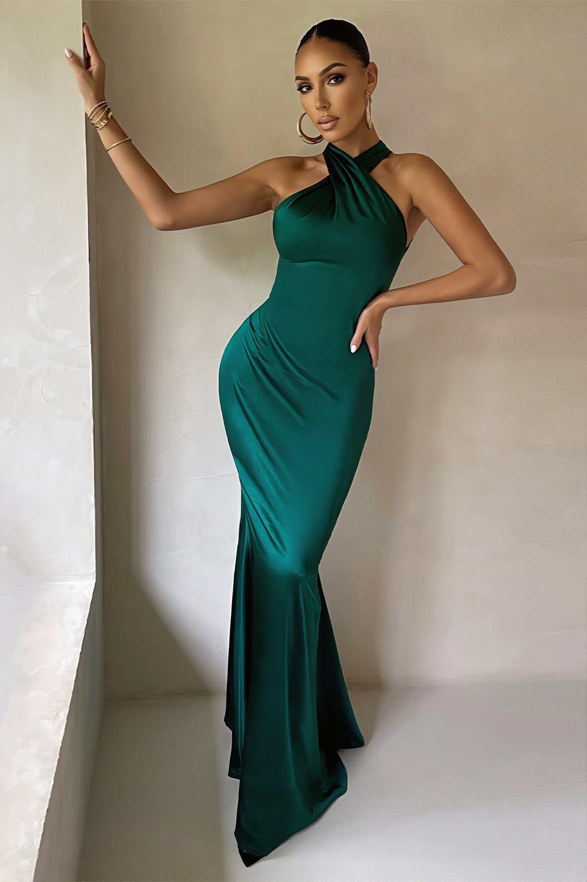 Satin One Shoulder Halter Neck Mermaid Gown