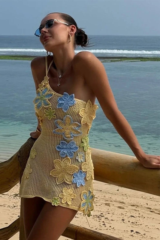 Crochet Mesh One Shoulder 3D Floral Applique Cut Out Mini Dress