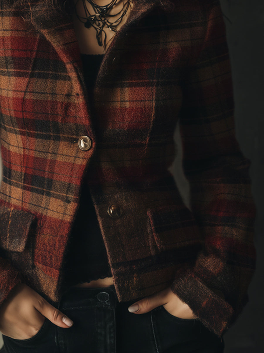 Quiet Luxury Retro Plaid Waisted Short Woolen Coat