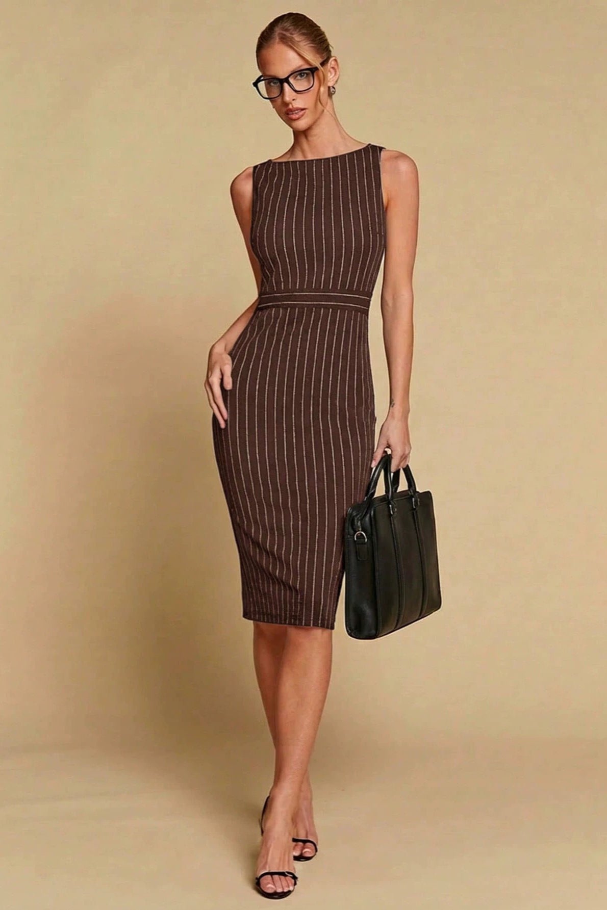 Pinstripe Boat Neck Sleeveless Bodycon Midi Dress