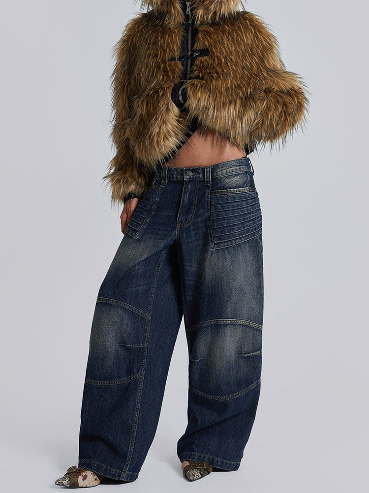 Metal Button Zipper Fur Leather Panel Loose Coat